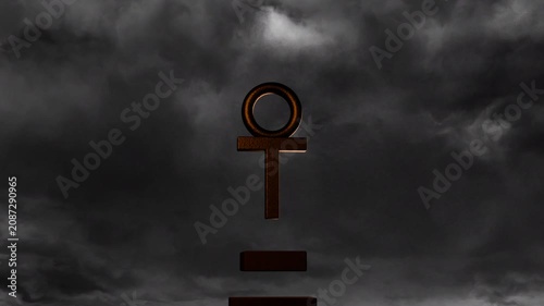 Storm clouds drifting, metallic glyph highlighting as lower bars sliding down, revealing brand mark