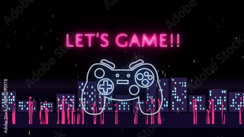 Dim outline causing pad rising LET'S GAME!! neon glowing over pulsing city forming gaming intro