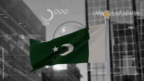 Wind starting green flag crescent-star unfolding while HUD gauge and globe animating showing data