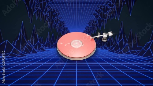 Camera zooming, disc rotating and scaling toward viewer, tonearm tracking closer to show playback