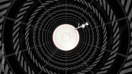 Central disk pulsing, tether extending, white-suited figure circling clockwise while checking shaft