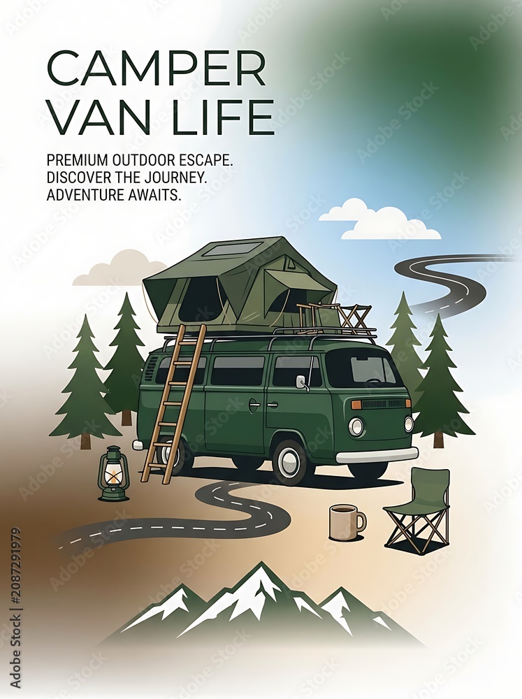 Obraz premium Camper van life illustration with a roof tent parked in a forest with mountains and camping gear for an outdoor travel adventure