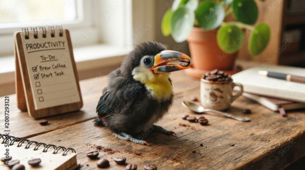 Fototapeta premium Baby toucan on a wooden desk with coffee beans and productivity notepad for cozy office background and poster design
