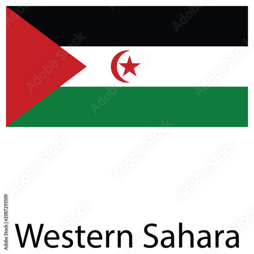 National flag of western sahara horizontal stripes of black white green with a red triangle and crescent national triangle crescent patriotic sovereignty government identity