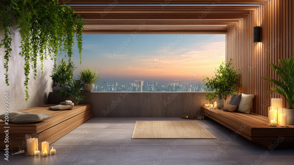 Fototapeta premium Serene urban balcony creating a relaxing spa like environment with glowing candles and lush plants, offering a tranquil escape from city life at beautiful sunset