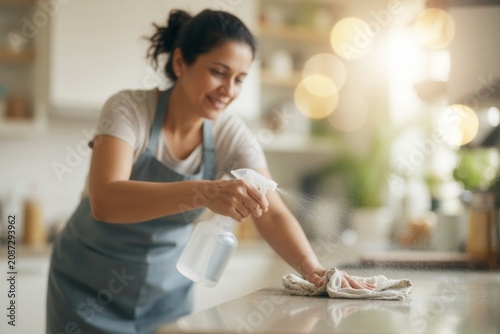 Woman cleaning kitchen counter surface, spraying disinfectant and wiping for household hygiene and chores