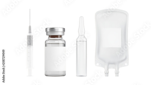 Medical set featuring a syringe, a glass vial with a silver cap, a small ampoule, and an intravenous fluid bag on a white background