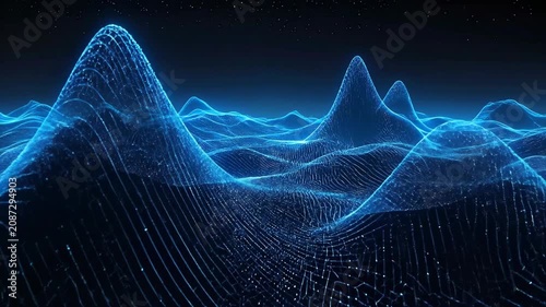Futuristic Digital Landscape with Blue Neon Waves and Mountain-like Structures.