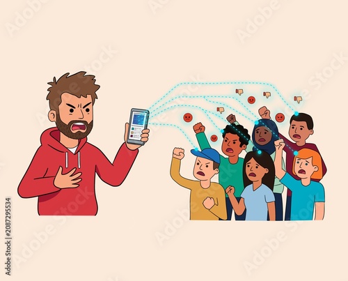 Online backlash and angry crowd reacting to smartphone post