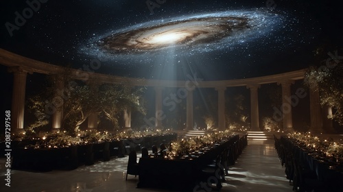 Magical galaxy-themed banquet hall with elegant tables and columns creating a celestial ambiance