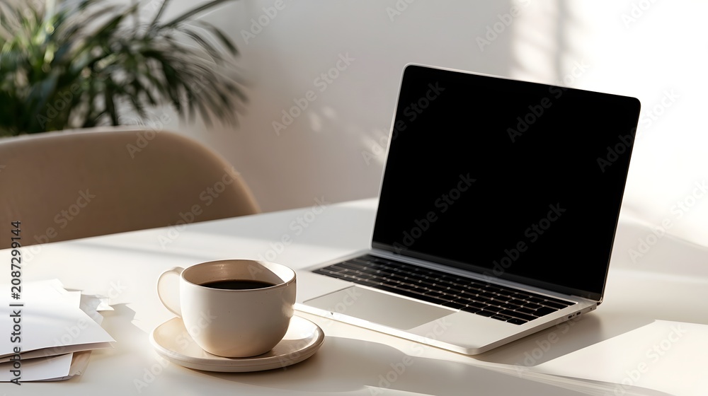 Fototapeta premium A minimalist workspace setup featuring a laptop computer a ceramic coffee cup on saucer and papers arranged neatly on a white desk surface