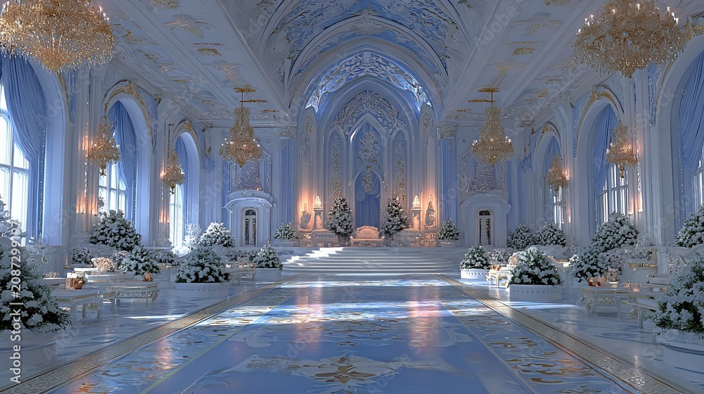 Fototapeta premium Magnificent Ballroom with Intricate Architecture and Snowy Floral Accents Radiating Elegance and