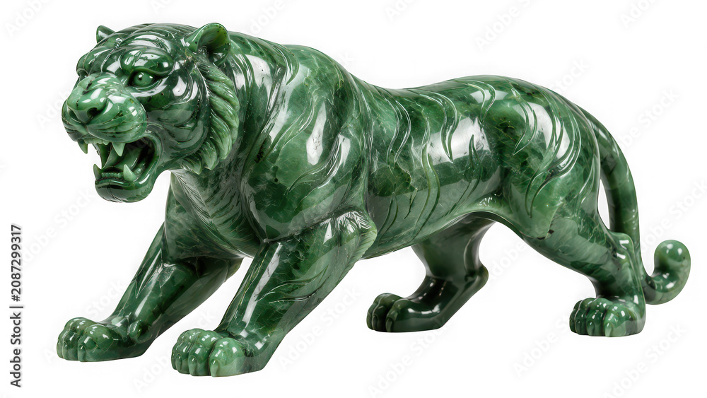 Fototapeta premium Green jade carved tiger figurine with sculpture isolated on transparent background