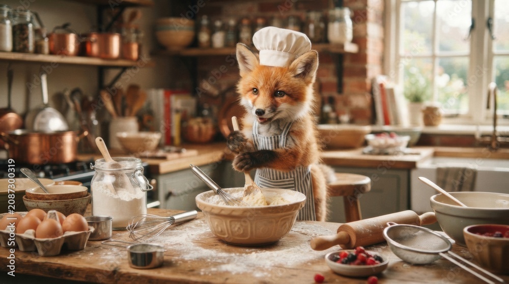 Fototapeta premium Red fox chef preparing dough in a rustic kitchen for culinary banner and warm food background design