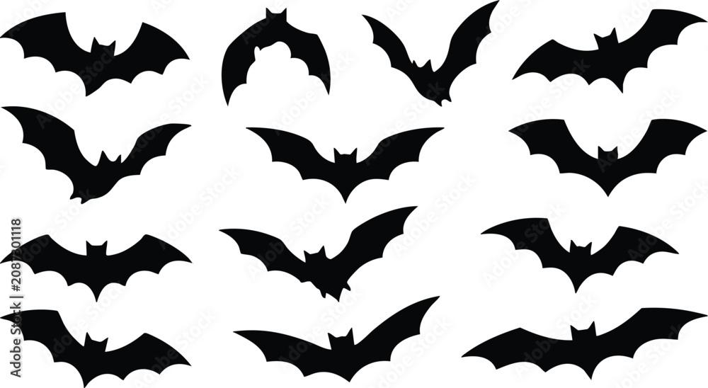 Fototapeta premium Twelve various flying bat silhouettes in black color arranged in a grid pattern on a plain white background, for halloween themes