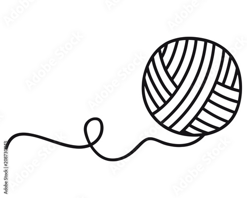 Ball of yarn with trailing strand black and white line drawing