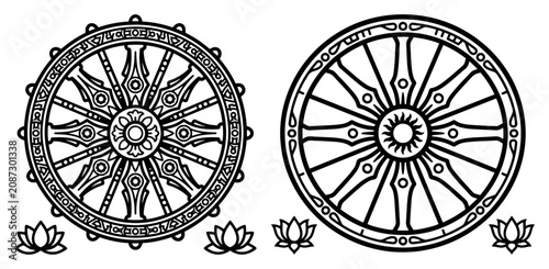 Foto Dharma chakra wheels with lotus flowers in buddhist religious style