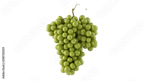 A large bunch of fresh green grapes with a small curly vine stem, captured in a studio setting against a plain light gray background surface