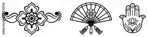 Set of spiritual symbols featuring hamsa hand folding fan and floral ornament in decorative style