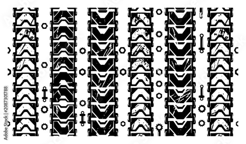 Tank treads and mechanical vehicle tracks pattern with industrial gears in grunge style