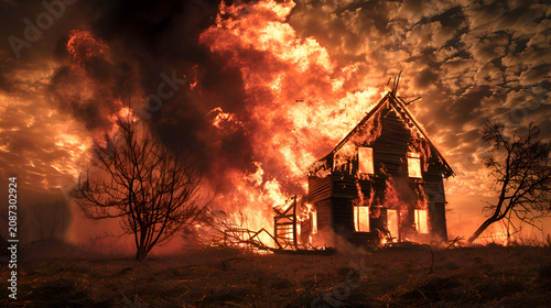 Dramatic rural house fire under intense sky with flames and smoke