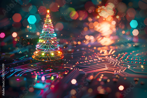 Festive led christmas tree on circuit board with colorful bokeh lights