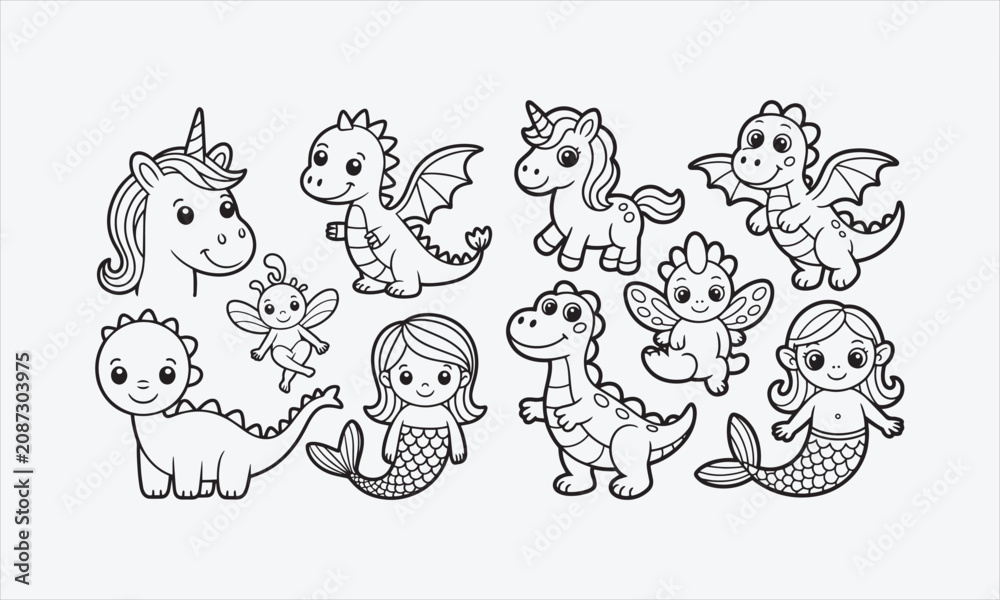 Fototapeta premium Magic fantasy creatures cute Unicorn, Dragon, Dinosaur, Fairy and Mermaid vector illustration