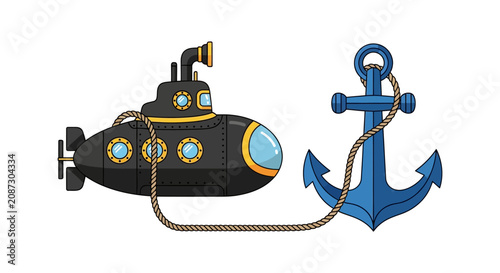 Tableau sur toile Submarine And Anchor Illustration With Rope A Colorful Vector Silhouette