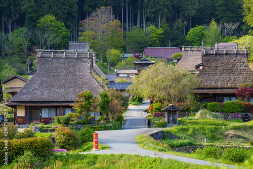 Thatched roof building in the Japanese traditional old village, Kayabuki Tamba Kogen Quaisi National Park. Miyama Japan