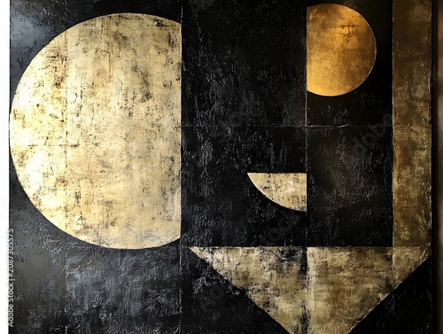 Abstract gold and black art with prominent circular and geometric forms.