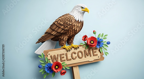 Paper craft bald eagle perched on wooden welcome sign with flowers