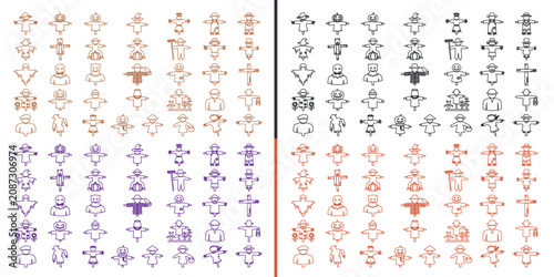 Religious and Social Icon Set: A collection of line art icons representing various religious symbols and community figures, presented in multiple color palettes for diverse applications.