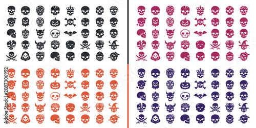 Obraz na płótnie Halloween Skull Collection: A vibrant collage showcasing a multitude of skull icons in various styles and colors, including pumpkins, crossbones, and devilish horns, perfect for holiday designs