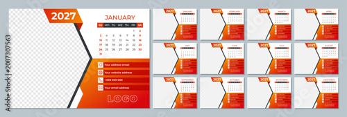 2027 Calendar Template with Photo Space. Minimalist Corporate Business Planner. Sunday Start Monthly A4 Landscape Pages Set. Vector Illustration
