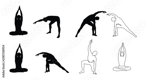 Foto Yoga poses silhouettes on a white background black and white outlines