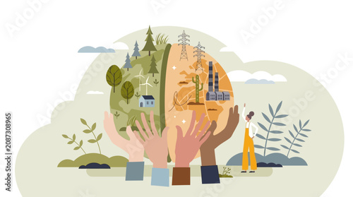 Obraz na plátne People hold a globe with nature and city on it together