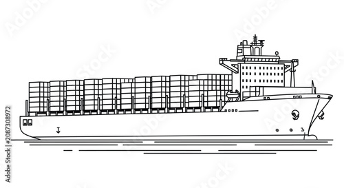 Fotografie Container ship illustration black and white line drawing on a white background