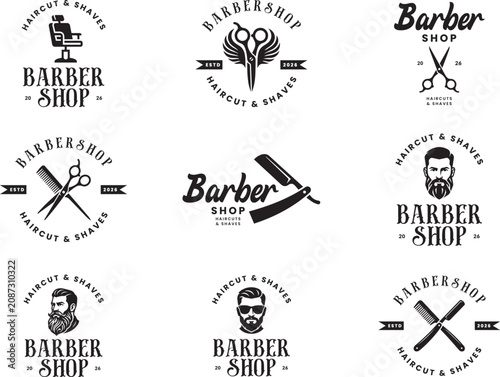 Konstfotografi Barber Shop Logo Badge Vintage Vector | Classic Barbershop Emblem Illustration |