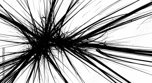 Abstract black exploding lines and rays, dynamic design element on isolated white background, energetic and chaotic.