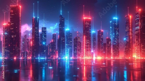 Futuristic Neon Cityscape with Vibrant Lights and Skyscrapers at Night.
