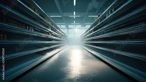 Modern Warehouse Aisle with Shelves and Bright Lighting in Large Storage Facility