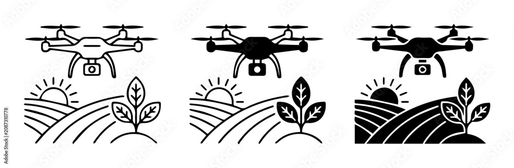 Obraz premium Drone Farming Icons, Agricultural Technology, Smart Farm Drones, Crop Monitoring, Rural Landscape