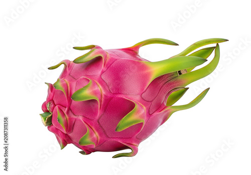 Fresh pink dragon fruit with green leaves