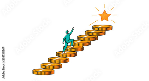 Businessman climbing up staircase made of gold coins toward a star