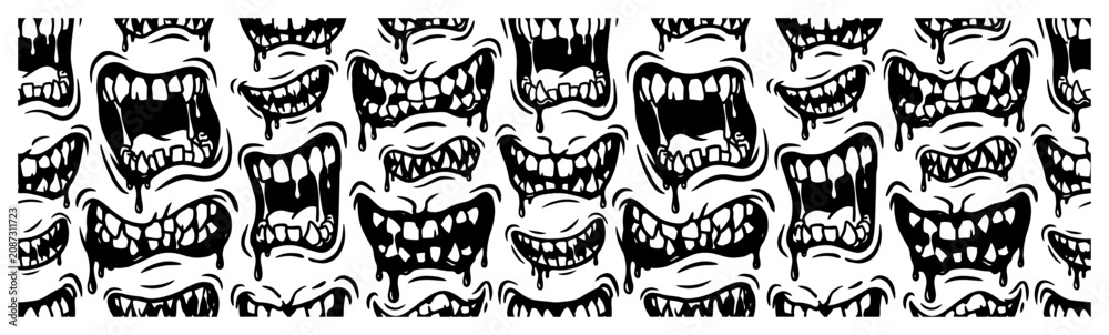 Naklejka premium Monster mouths pattern with sharp teeth and saliva in horror style