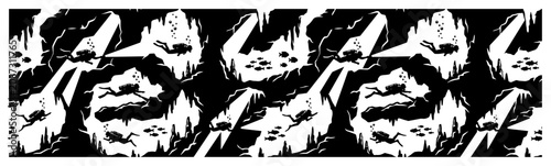 Canvastavla Scuba divers exploring deep underwater caves in high contrast silhouette style