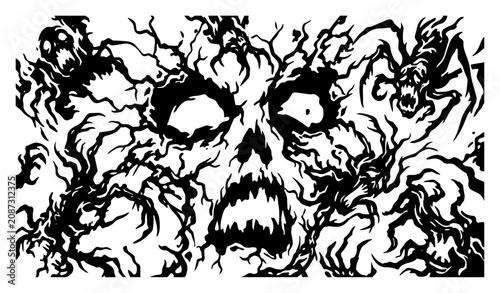 Konstfotografi Zombie skull face emerging from creepy branches and ghouls in gothic horror styl
