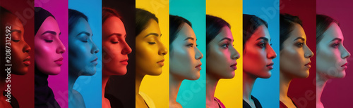 Diverse group of women faces against colored backgrounds