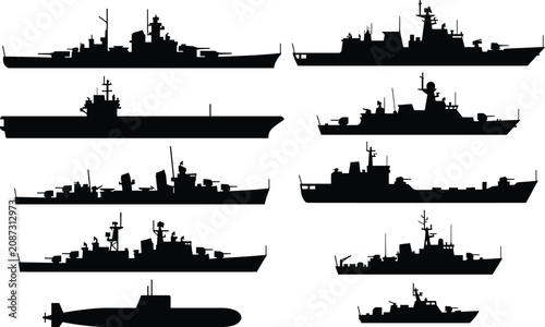 фотографія Warship and naval vessel silhouette collection for military maritime and defense