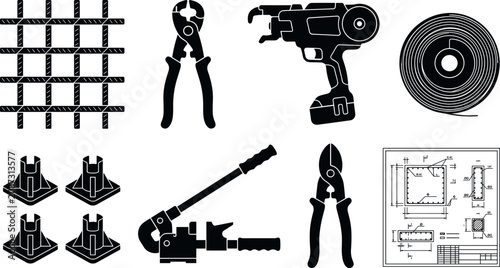 Canvastavla Rebar Tying and Concrete Reinforcement Construction Tools Black Silhouette Icon